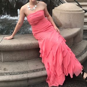 Strapless Pink Ruched Mermaid Flutter Prom Gown